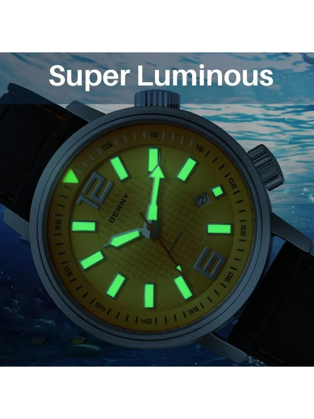 Men's Yellow Fluoroelastomer Band Automatic Waterproof Mechanical Movement Watch